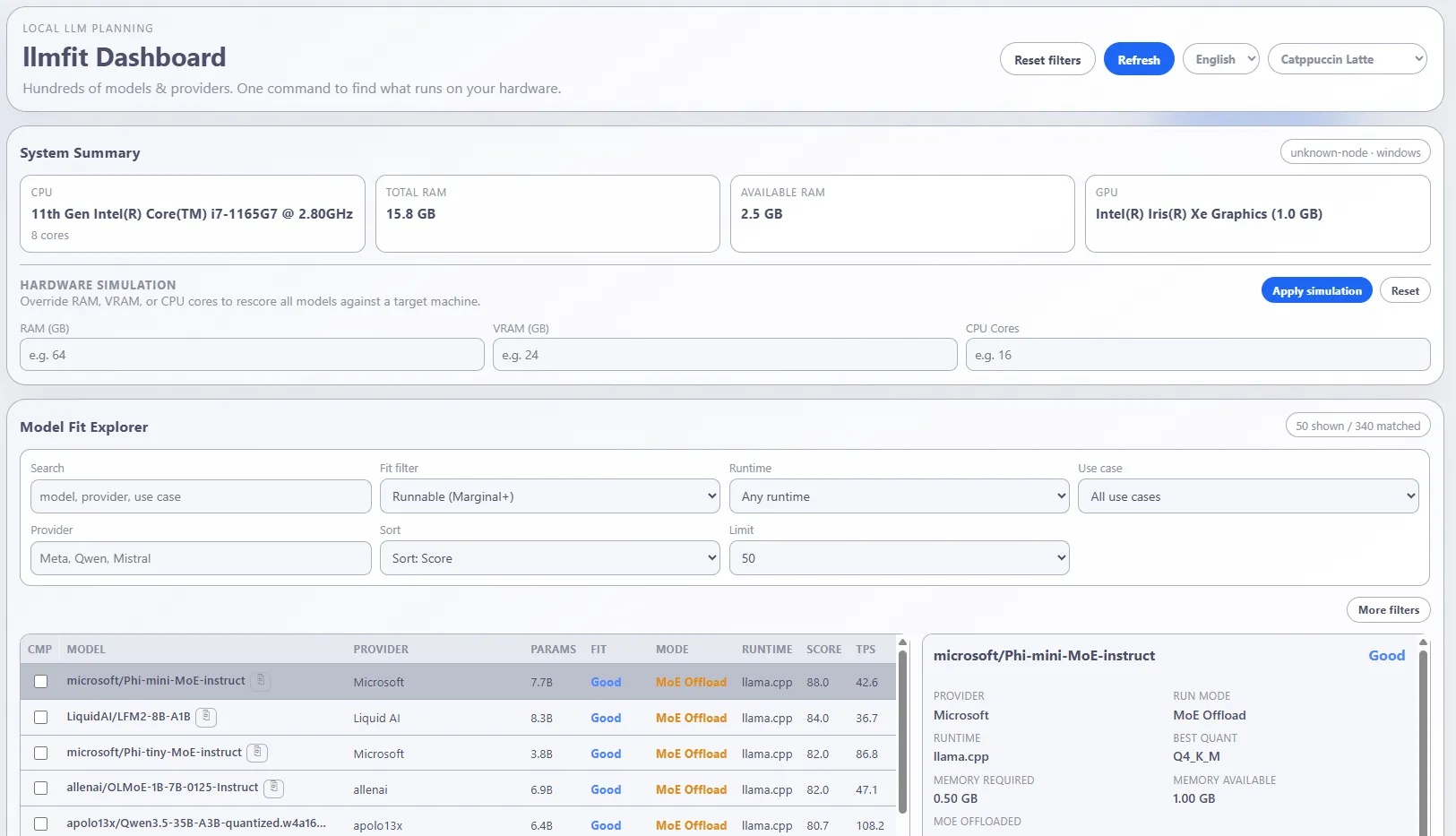 TUI with coding use-case filter applied