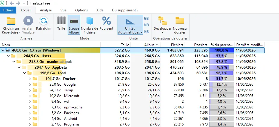 TreeSize showing Docker folder at 101.7 GB
