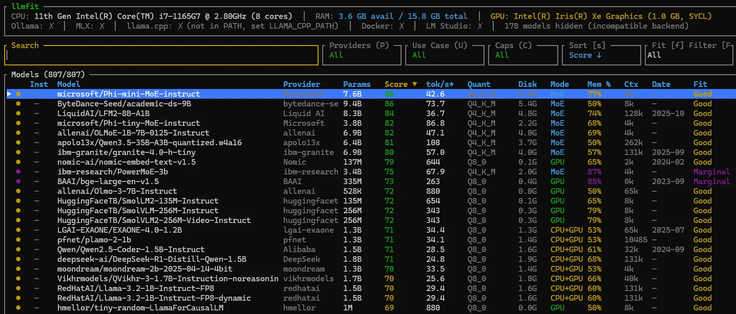 TUI main screen with model list